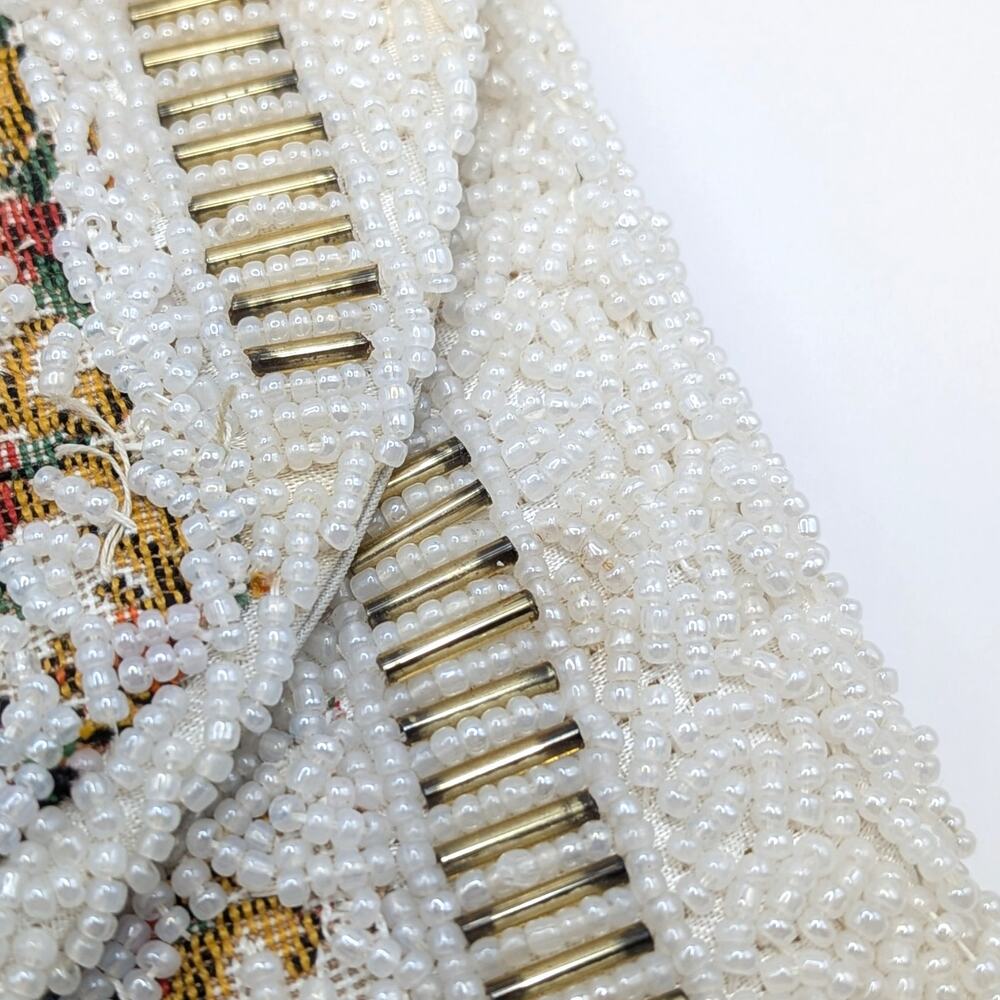 Vintage Tapestry Floral White Beaded Purse Shoulder Bag Adjustable Chain Strap - Picture 4 of 12
